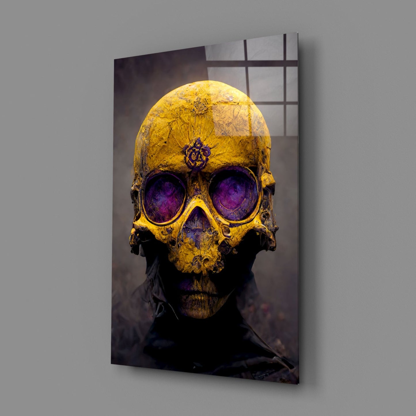 Yellow Skull With Purple Eyes Glass Wall Art