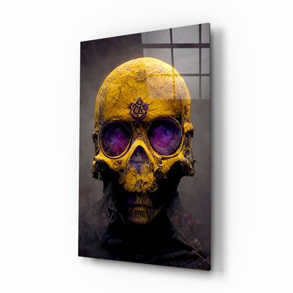 Yellow Skull With Purple Eyes Glass Wall Art