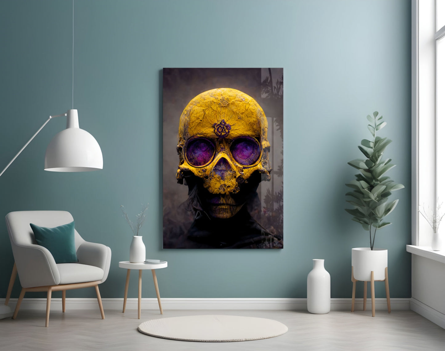 Yellow Skull With Purple Eyes Glass Wall Art