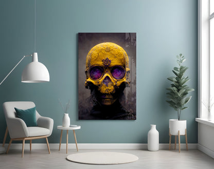 Yellow Skull With Purple Eyes Glass Wall Art