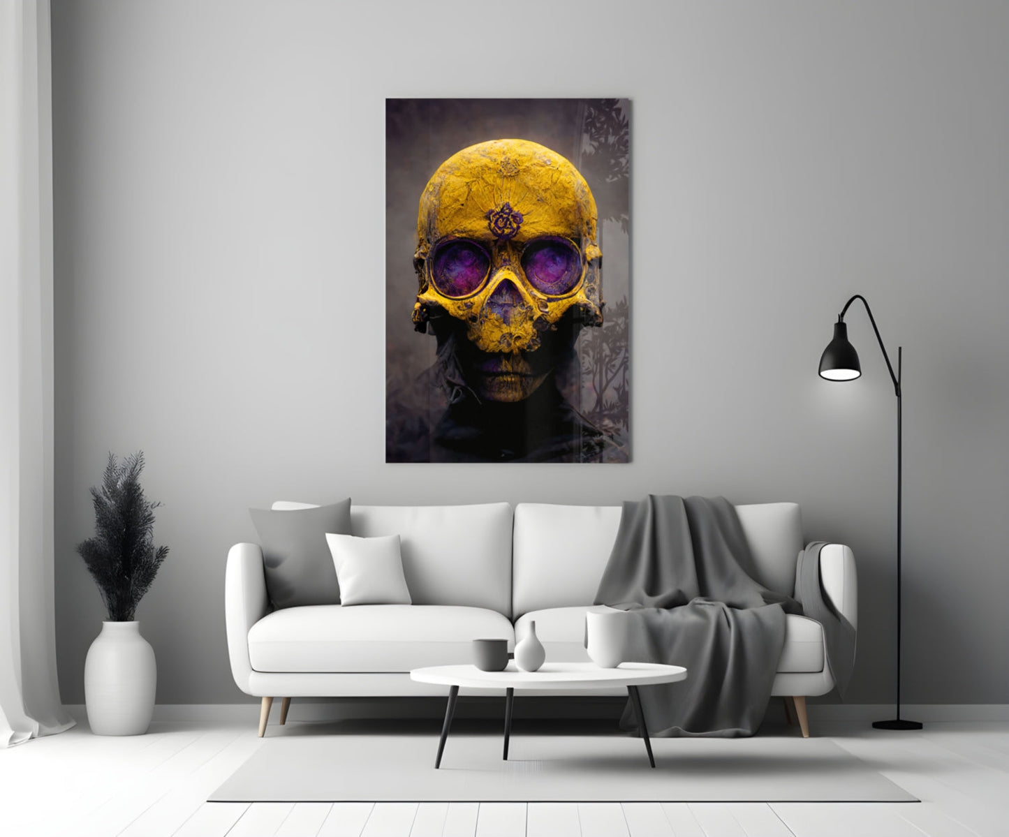 Yellow Skull With Purple Eyes Glass Wall Art