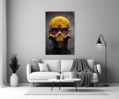 Yellow Skull With Purple Eyes Glass Wall Art