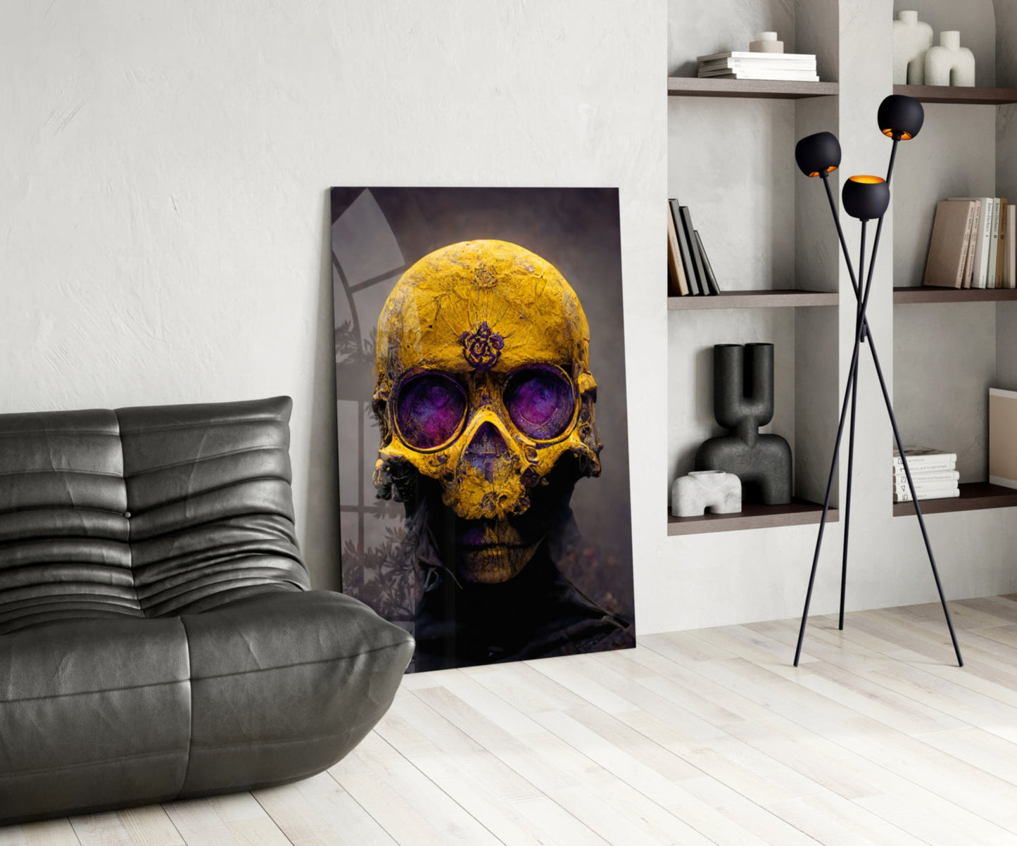 Yellow Skull With Purple Eyes Glass Wall Art