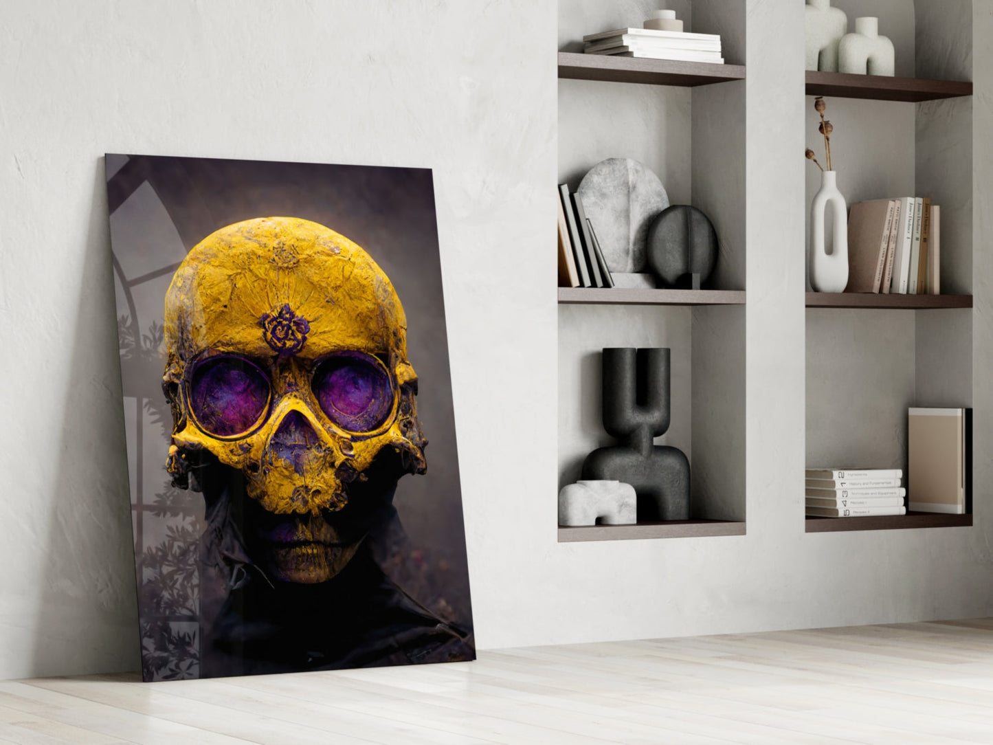 Yellow Skull With Purple Eyes Glass Wall Art
