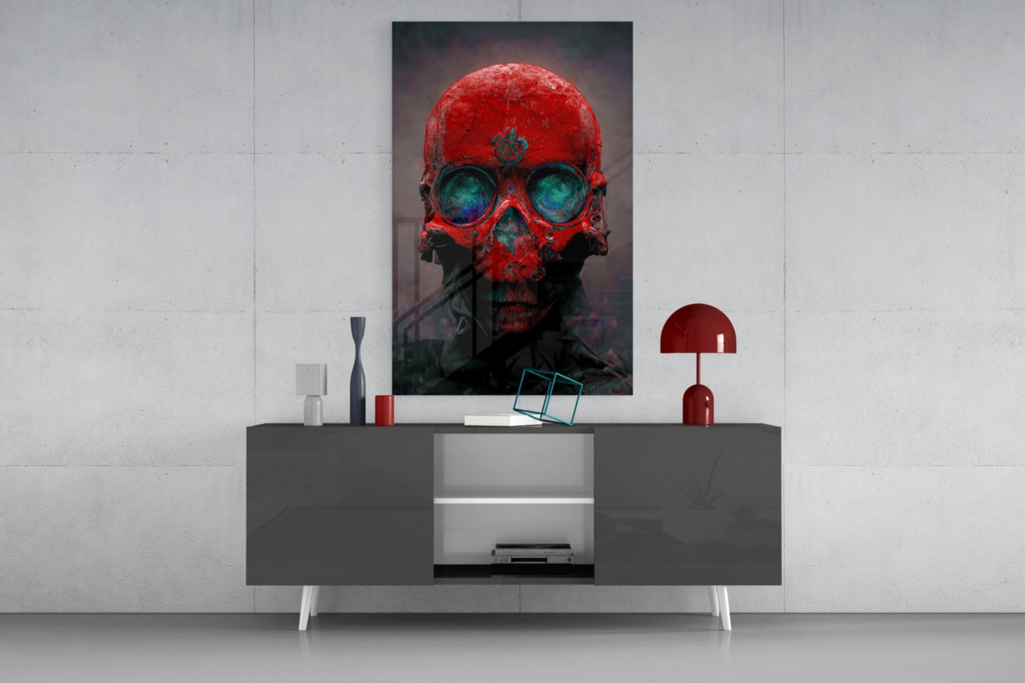 Red Skull With Teal Eye Sockets Glass Wall Art