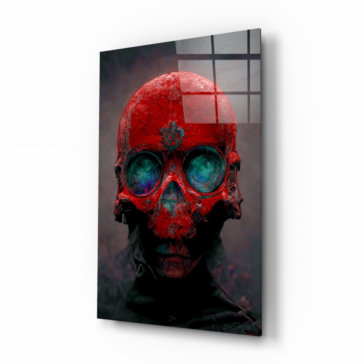 Red Skull With Teal Eye Sockets Glass Wall Art