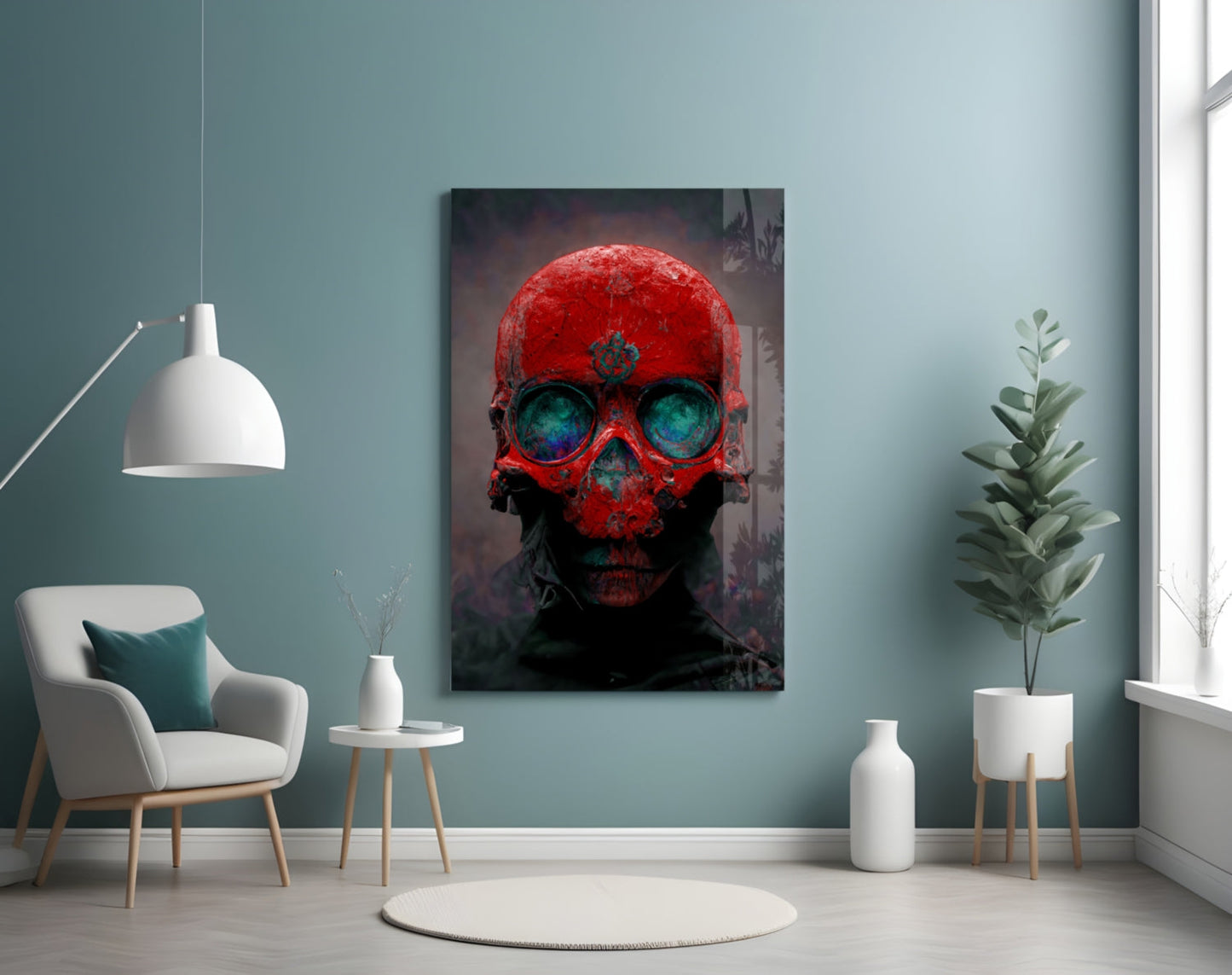 Red Skull With Teal Eye Sockets Glass Wall Art