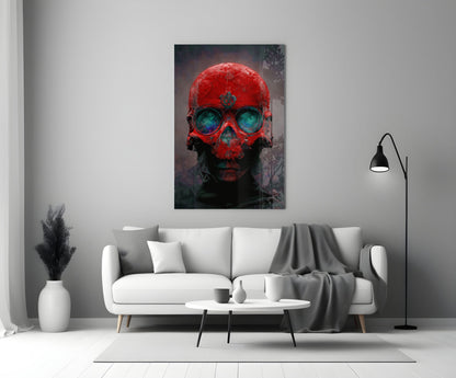 Red Skull With Teal Eye Sockets Glass Wall Art