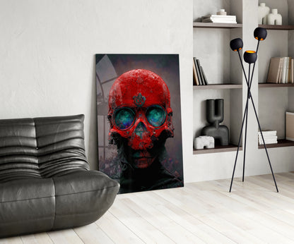 Red Skull With Teal Eye Sockets Glass Wall Art