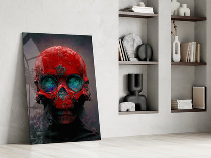 Red Skull With Teal Eye Sockets Glass Wall Art