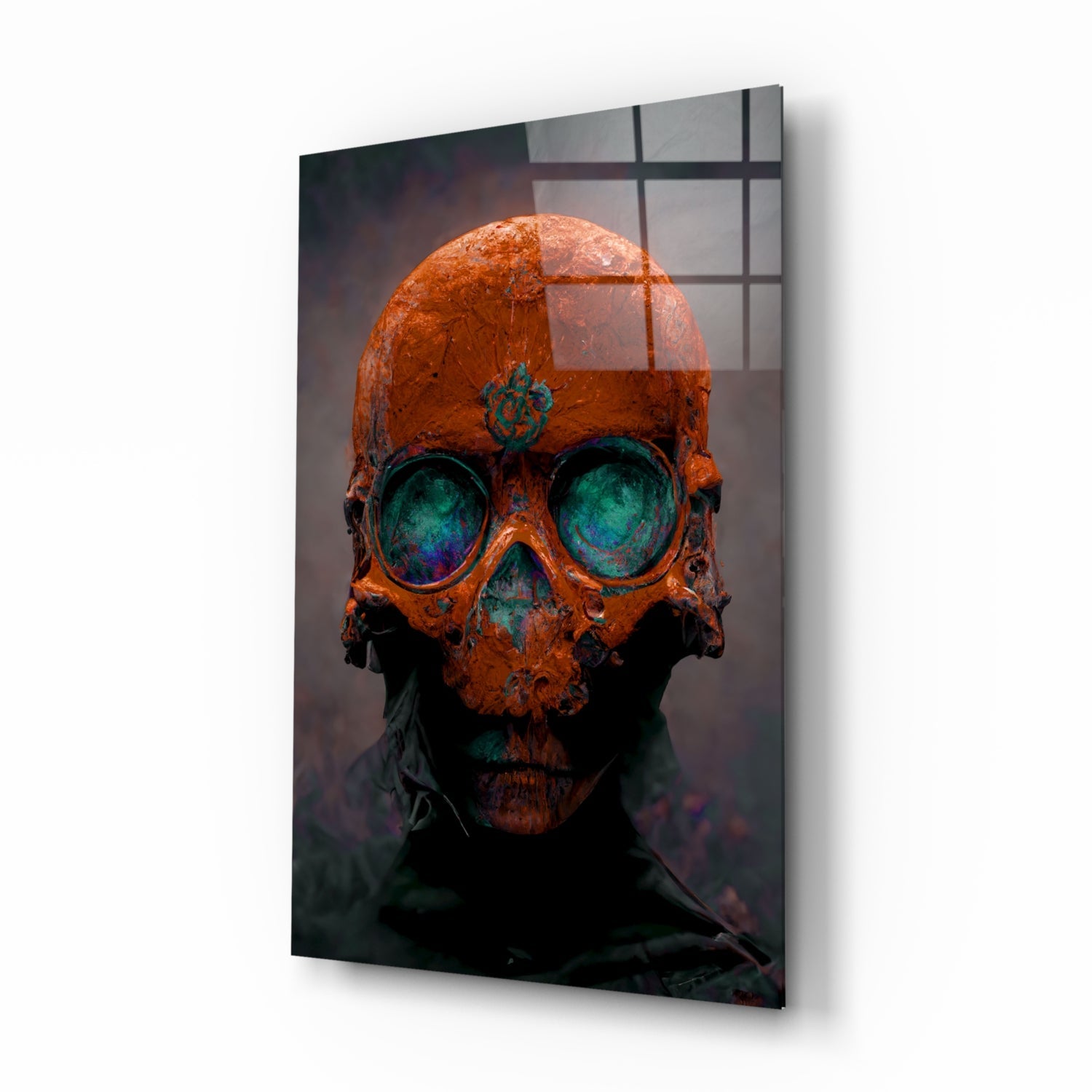 Angled view of glass art panel displaying stylized skull with rust-orange cranium and iridescent turquoise eye sockets against dark background.