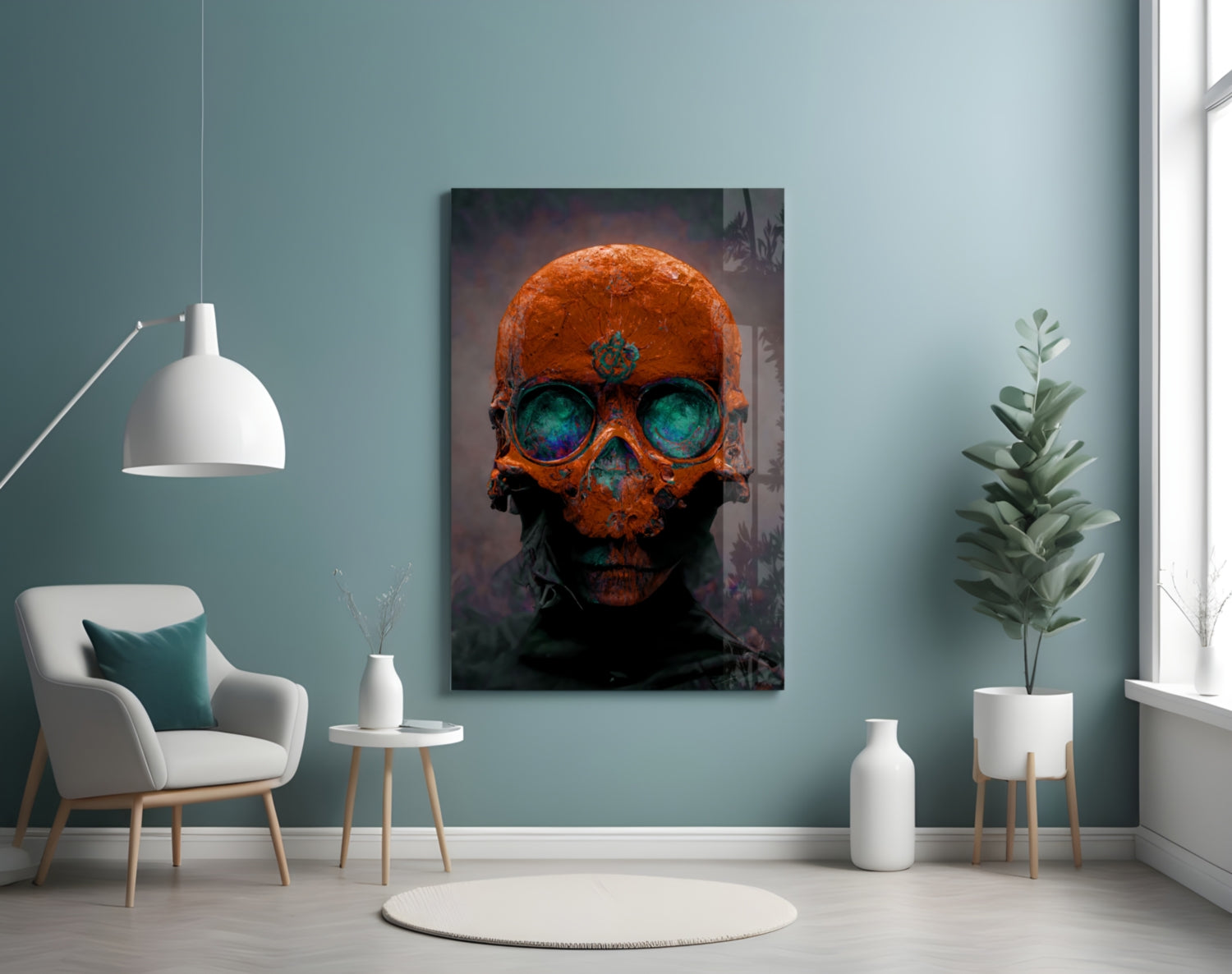 Orange and teal skull glass art with glowing turquoise eyes displayed on pale blue wall in modern living room setting.