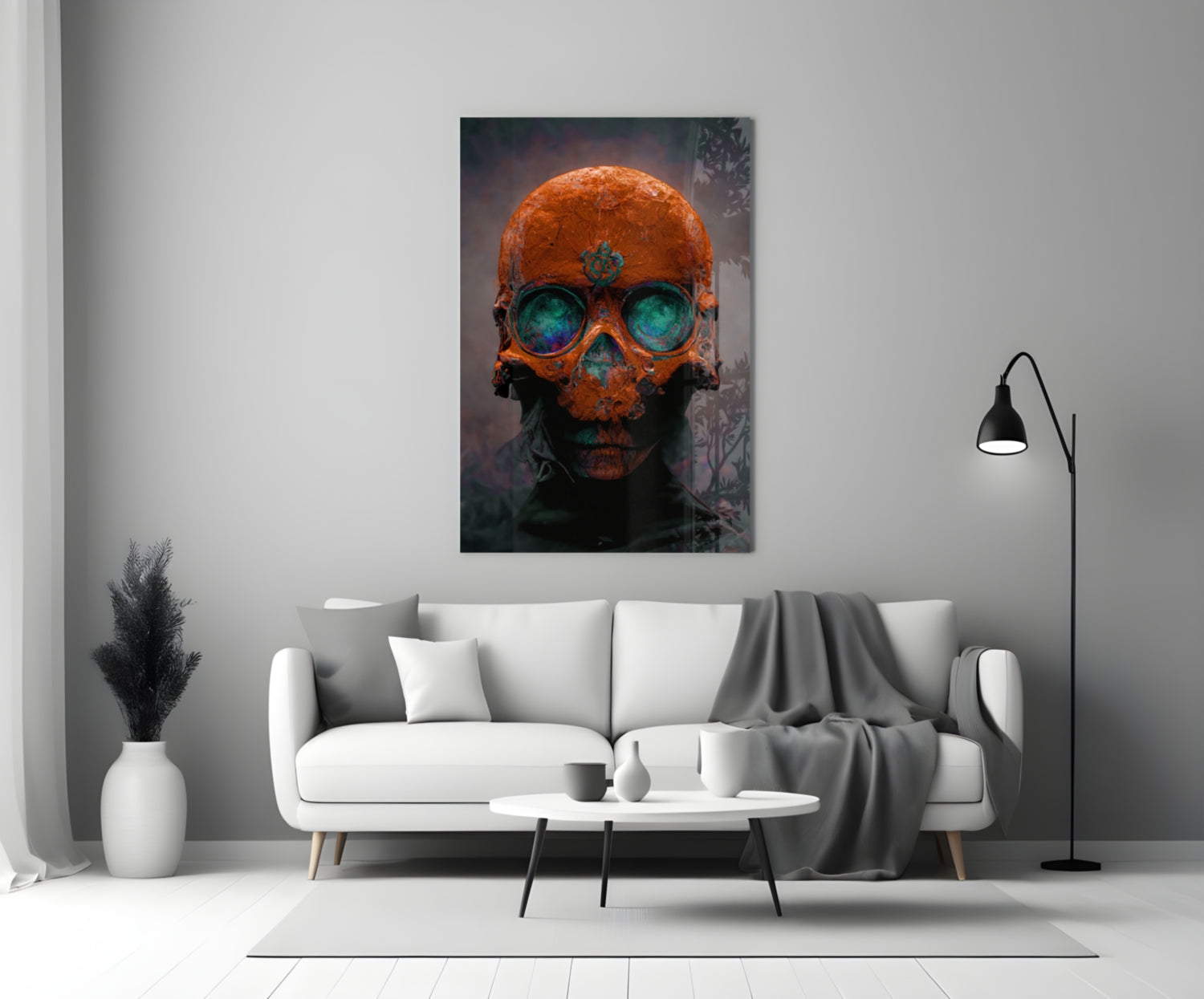 Rust-orange skull with turquoise glowing eyes displayed on white gallery wall above modern sofa.