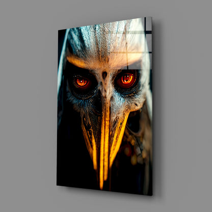 Glass wall art featuring a close-up of an eagle's head with glowing orange-red eyes and golden yellow beak against dark background.