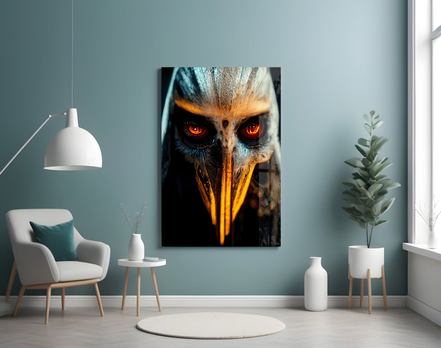 Glass wall art depicting an owl's face with glowing orange eyes and golden beak against dark background, displayed in modern interior setting.