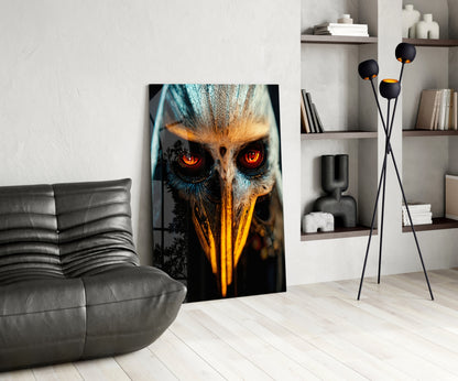 Modern living room interior with glowing red-eyed owl glass art leaning against white wall beside gray sofa.