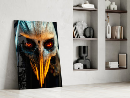 Glass wall art leaning against white wall displays owl with glowing red eyes and golden beak in dramatic lighting.