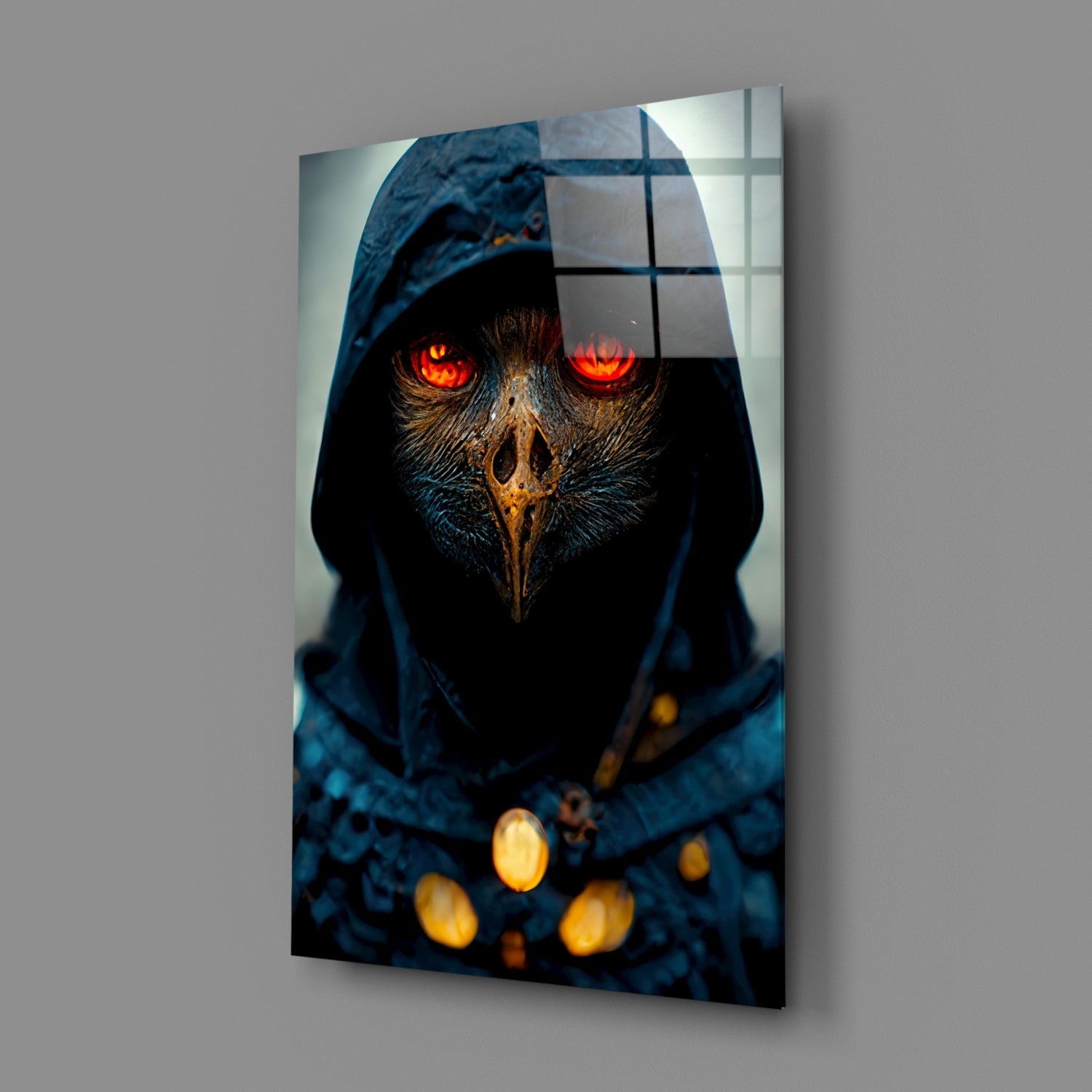Angled display of glass art panel showing hooded owl figure with glowing red eyes and golden chest ornaments against gray wall background.
