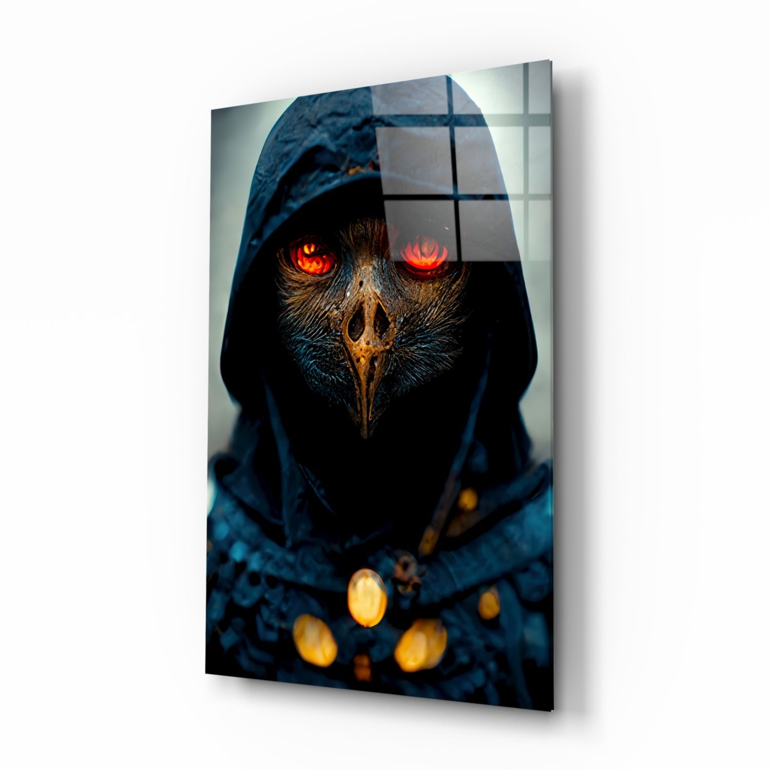 A mystical owl with glowing red eyes and golden chest jewels wearing a dark blue hooded robe, displayed as glass art on a wall.