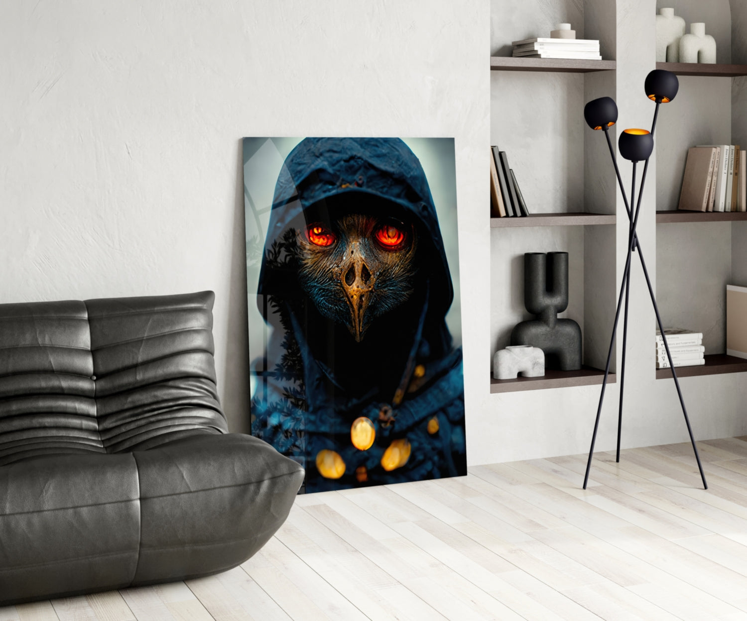 Dark hooded figure with glowing red eyes and golden bokeh lights displayed in modern living room with gray sofa and shelving.