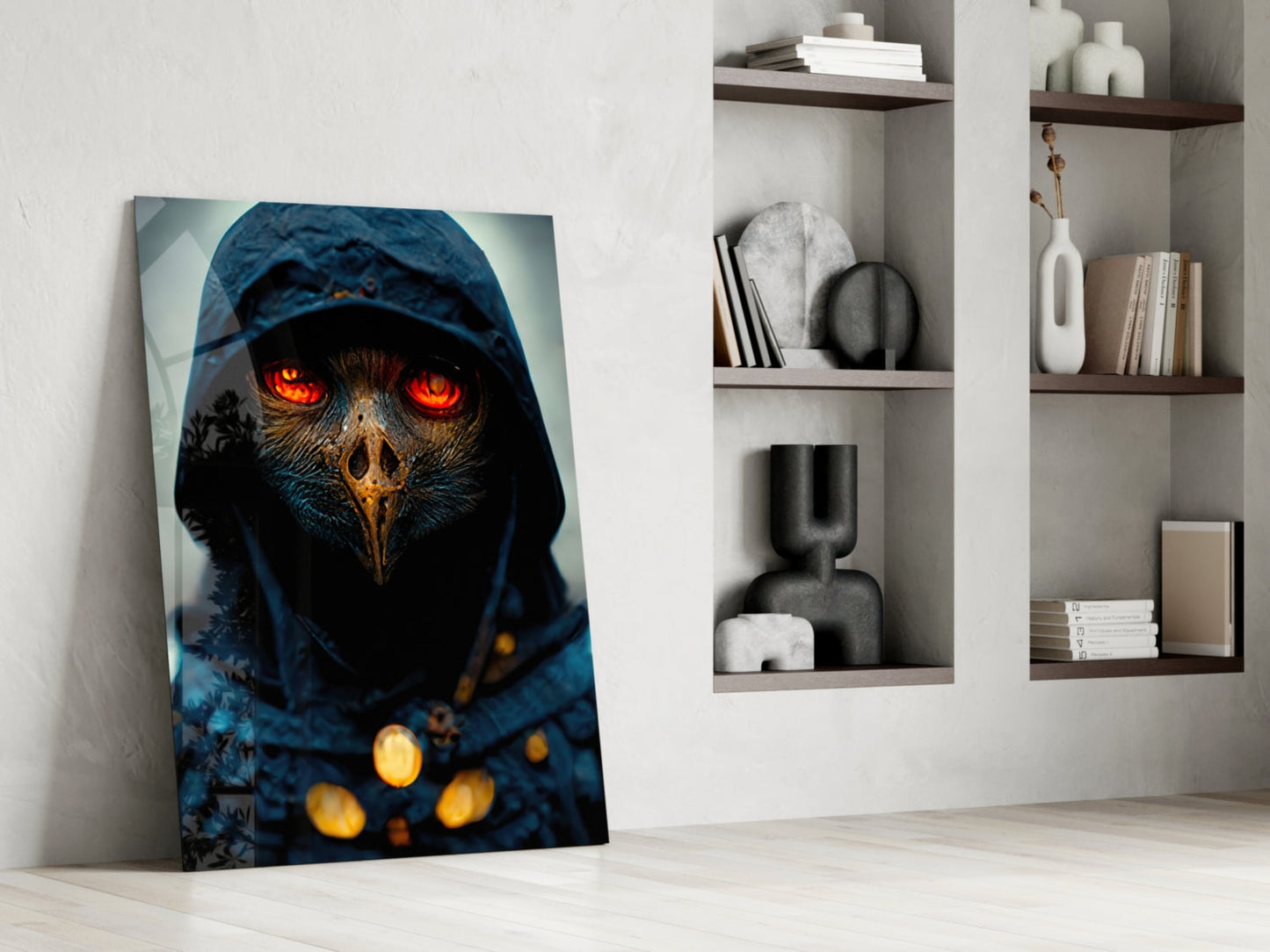 Glass art print of hooded bird with glowing red eyes and golden light orbs, leaning against white wall beside shelving unit.