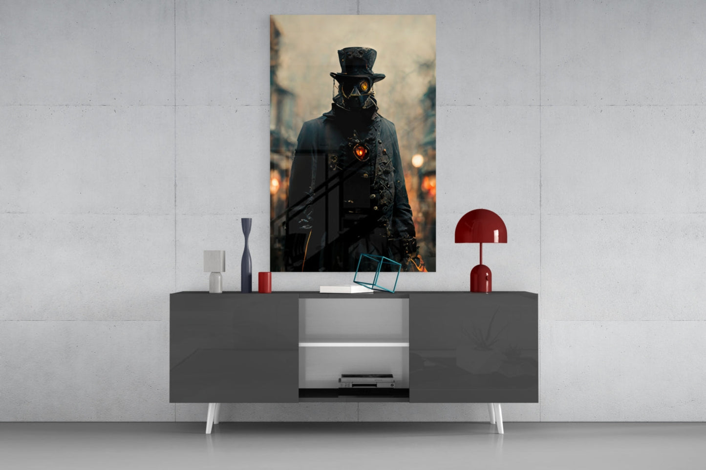 Steampunk-styled figure in black coat and top hat with glowing chest piece displayed as wall art above modern gray console table with red accents.