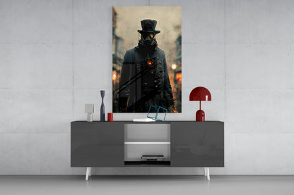Steampunk-styled figure in black coat and top hat with glowing chest piece displayed as wall art above modern gray console table with red accents.