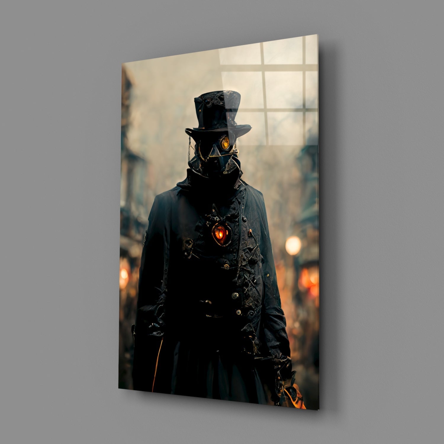 A steampunk figure wearing a black top hat and coat with glowing orange heart emblem stands against a blurred cityscape, displayed on a glass art panel.