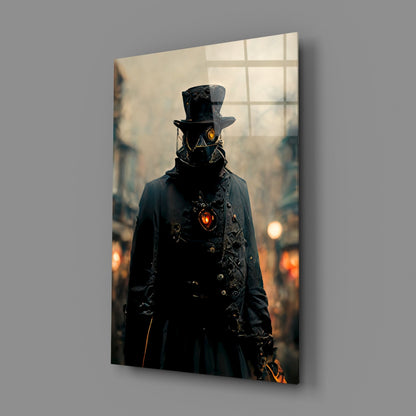 A steampunk figure wearing a black top hat and coat with glowing orange heart emblem stands against a blurred cityscape, displayed on a glass art panel.