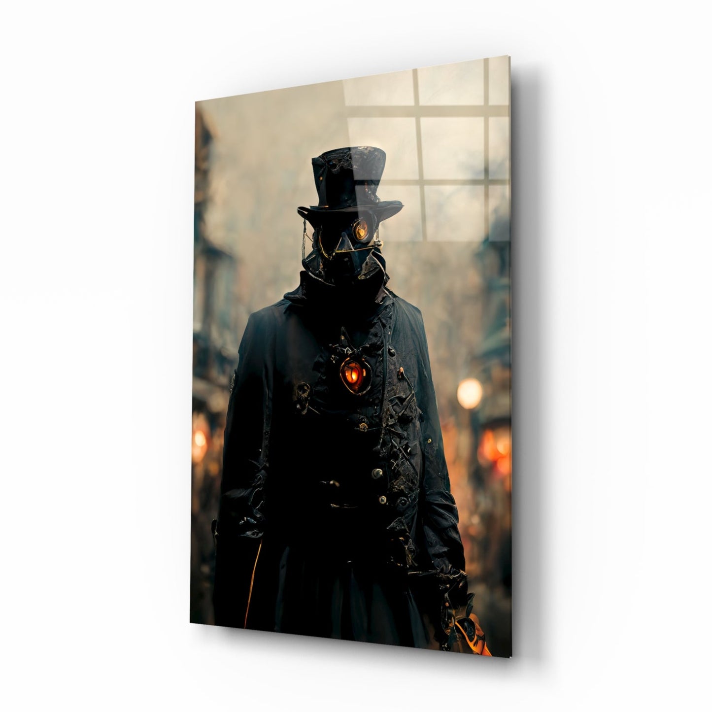 Steampunk figure in black coat and top hat with glowing red heart emblem, displayed on angled glass panel against blurred cityscape background.