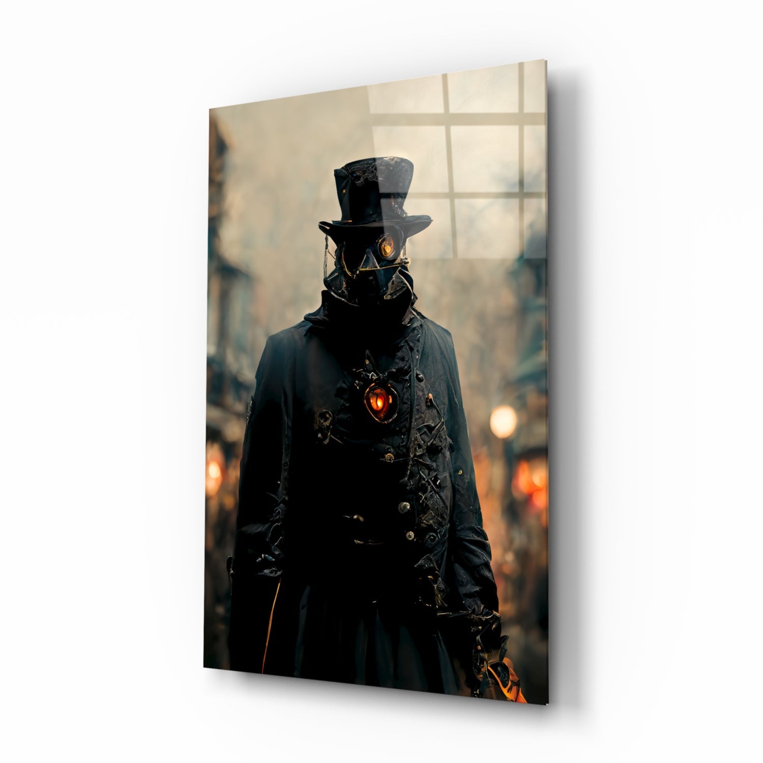 Steampunk figure in black coat and top hat with glowing red heart emblem, displayed on angled glass panel against blurred cityscape background.