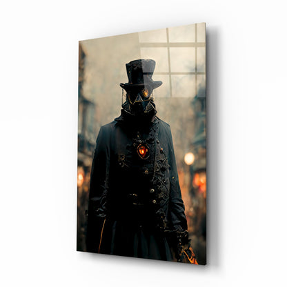 Steampunk figure in black coat and top hat with glowing red heart emblem, displayed on angled glass panel against blurred cityscape background.
