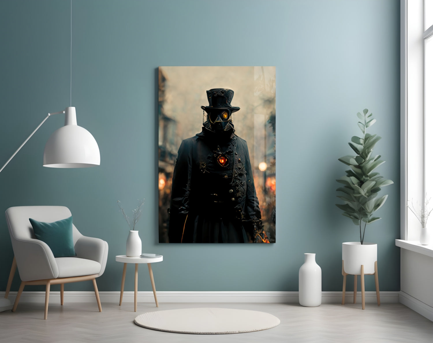 Steampunk figure in black coat and top hat with glowing orange eyes displayed on canvas in minimalist room setting.