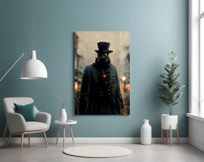 Steampunk figure in black coat and top hat with glowing orange eyes displayed on canvas in minimalist room setting.