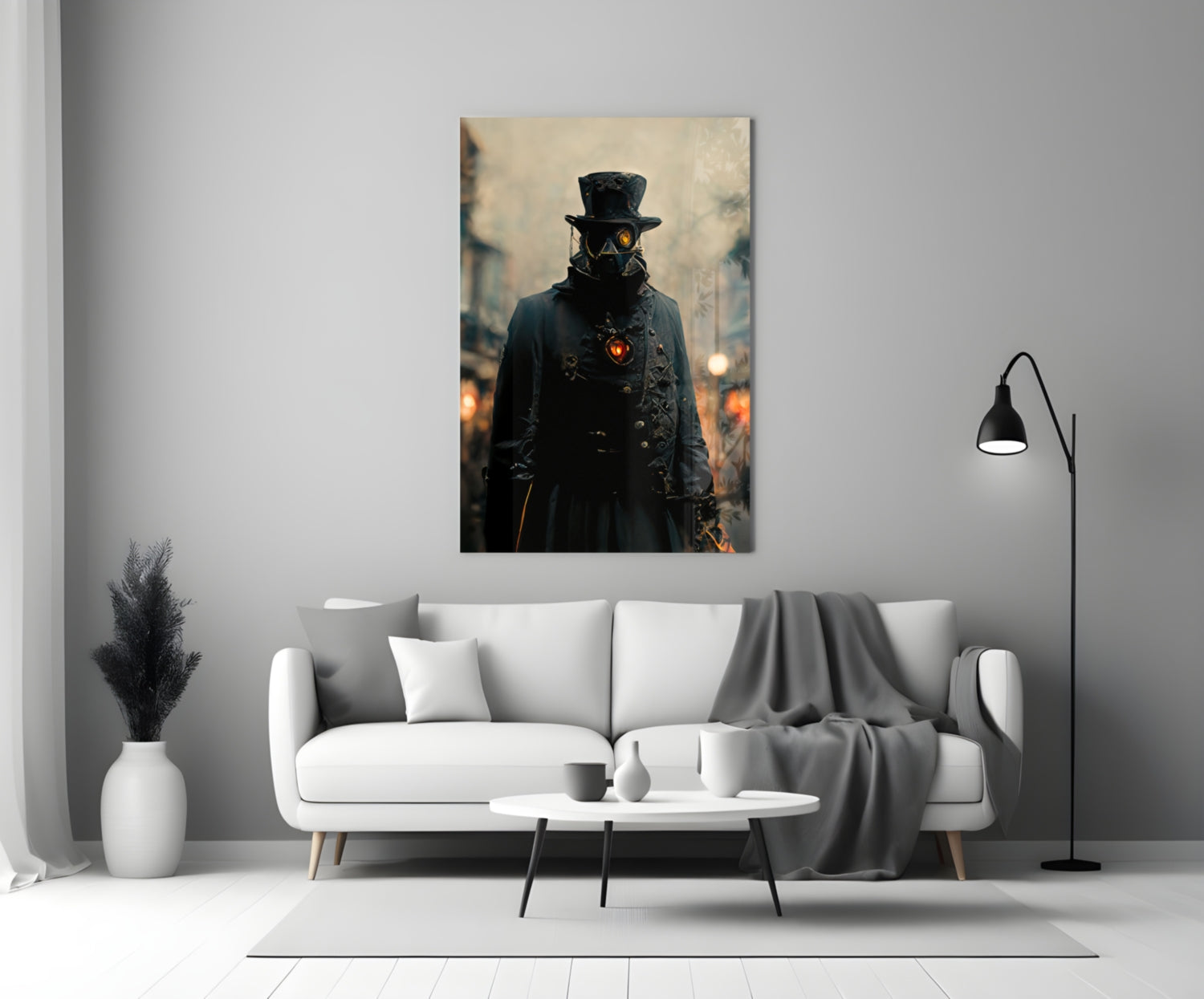 Steampunk figure with glowing orange eyes and chest emblem wearing black top hat and coat, displayed on white living room wall above sofa.