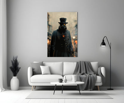 Steampunk figure with glowing orange eyes and chest emblem wearing black top hat and coat, displayed on white living room wall above sofa.