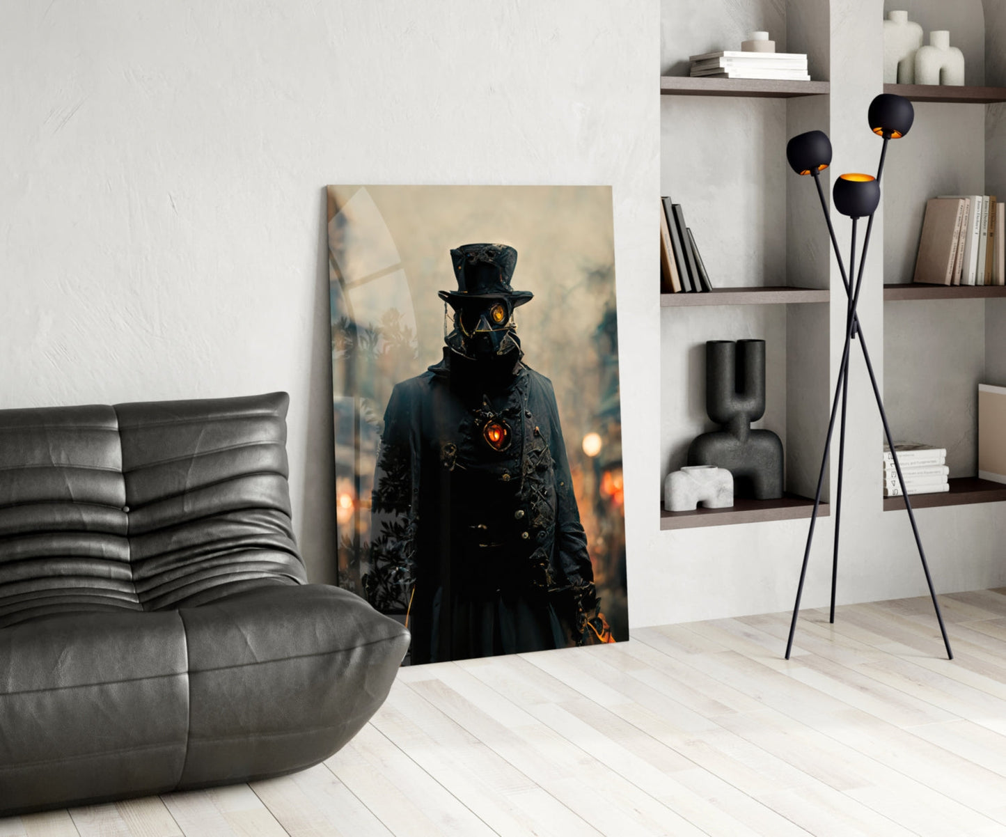 Steampunk figure in black coat and top hat with glowing orange eyes displayed as glass art in modern living room with gray sofa and shelving.