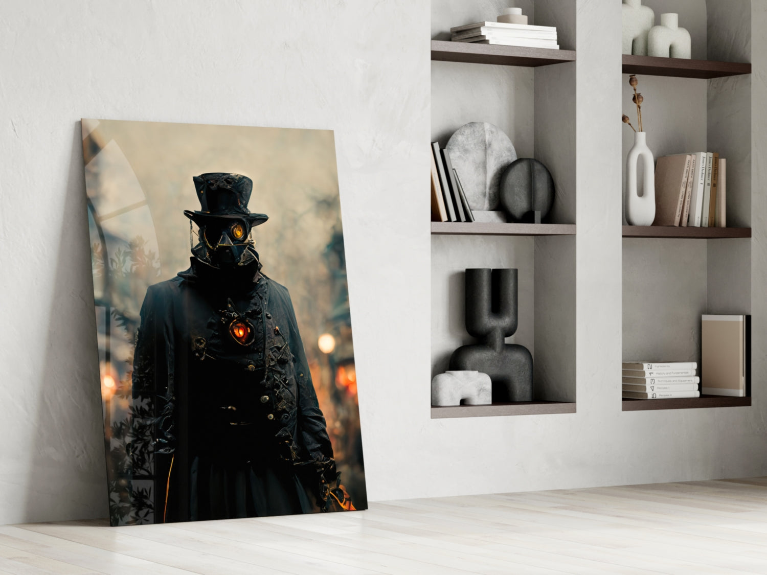 Steampunk figure in black coat and top hat with glowing orange eyes leaning against white wall beside wooden shelves.
