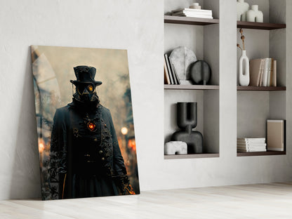 Steampunk figure in black coat and top hat with glowing orange eyes leaning against white wall beside wooden shelves.