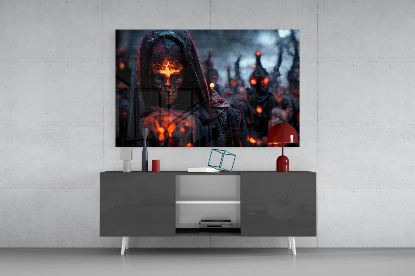 Hooded Figure Fiery Emblem Glass Wall Art