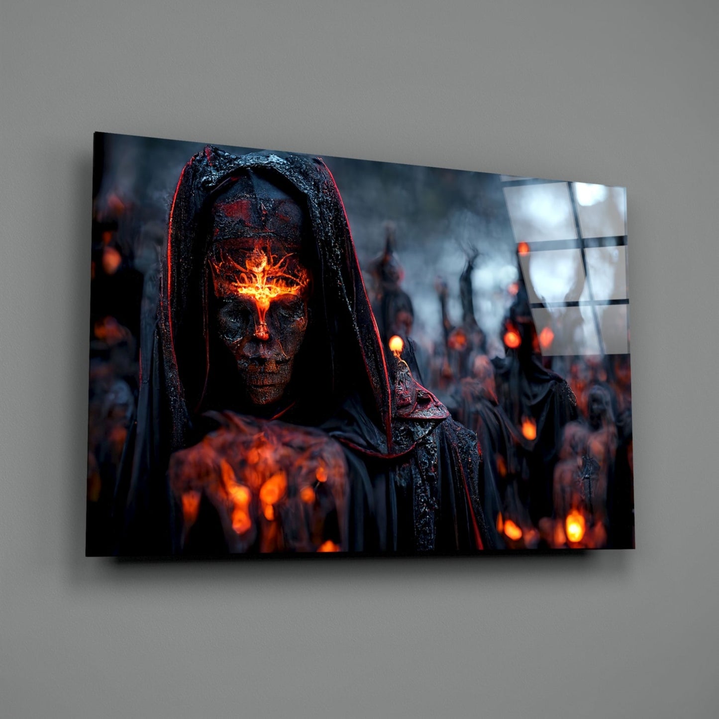 Hooded Figure Fiery Emblem Glass Wall Art