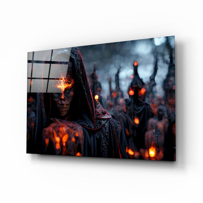 Hooded Figure Fiery Emblem Glass Wall Art