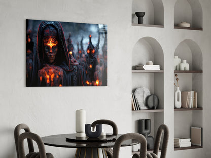 Hooded Figure Fiery Emblem Glass Wall Art