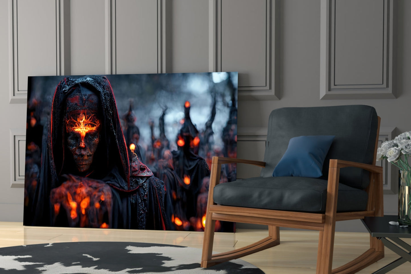 Hooded Figure Fiery Emblem Glass Wall Art
