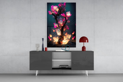 Luminous Pink Crystal Tree Glass Wall Art