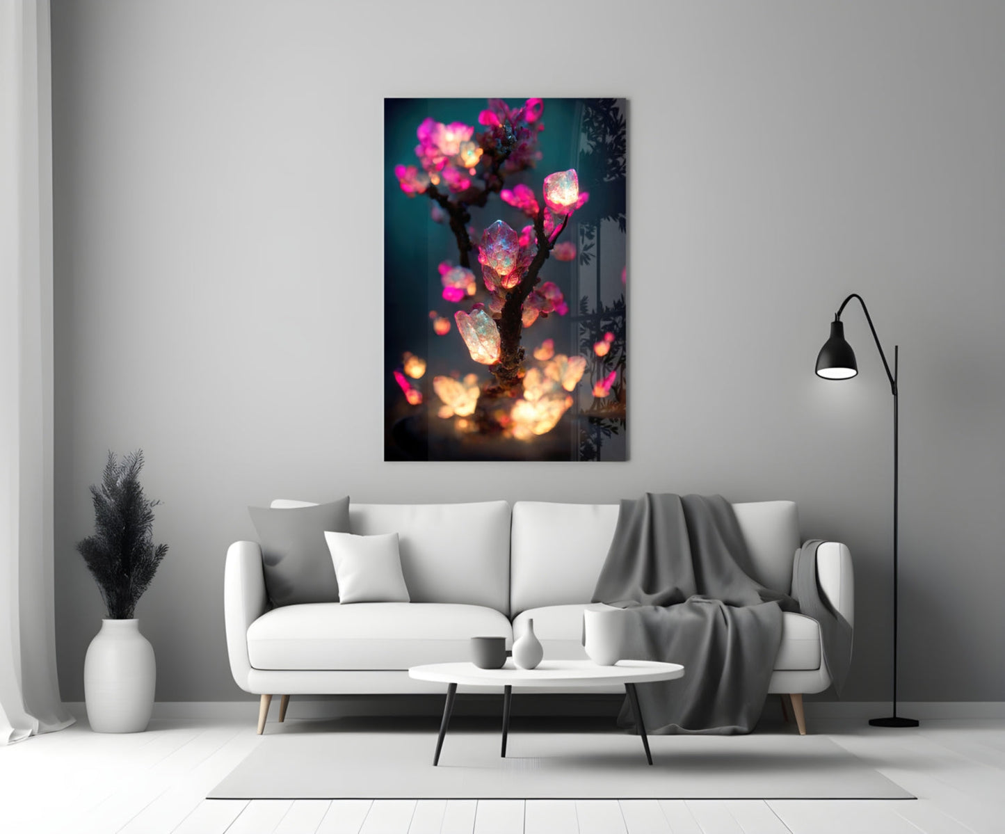 Luminous Pink Crystal Tree Glass Wall Art