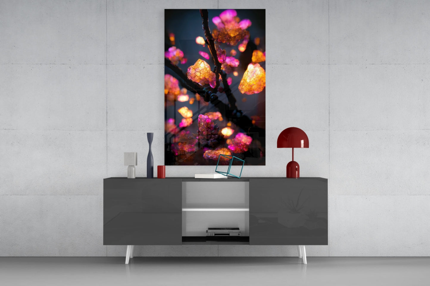 Glowing Amber Crystal Blossom Branch Glass Wall Art