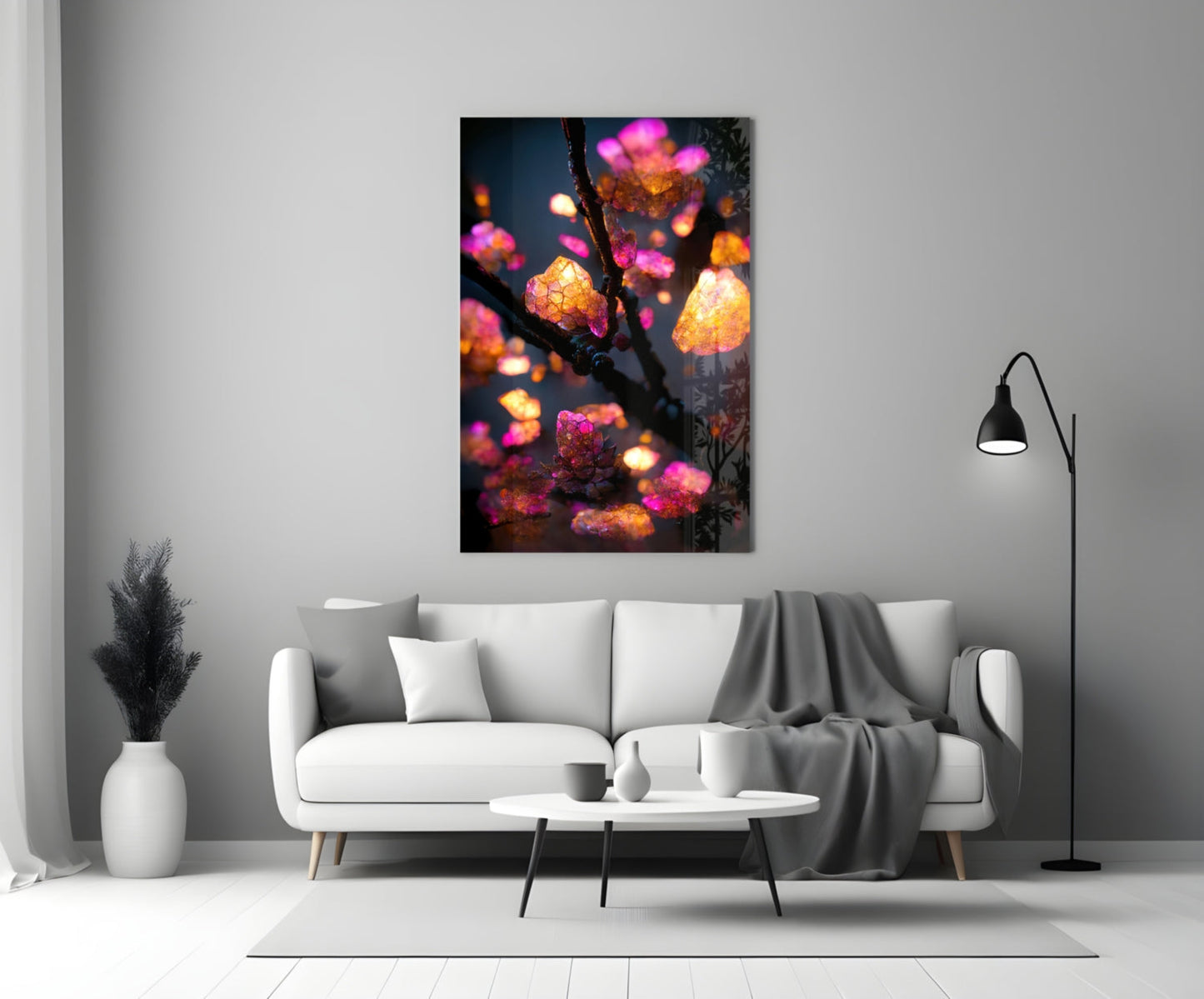 Glowing Amber Crystal Blossom Branch Glass Wall Art