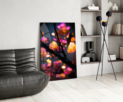 Glowing Amber Crystal Blossom Branch Glass Wall Art