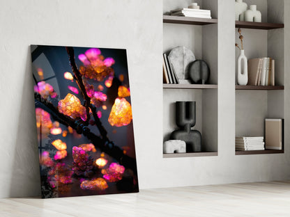 Glowing Amber Crystal Blossom Branch Glass Wall Art